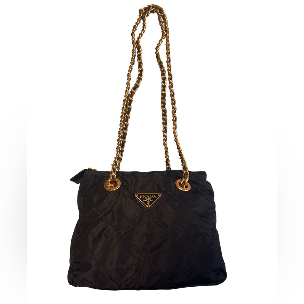 Prada Nylon Tessuto Quilted Shoulder Bag with Gold Chain